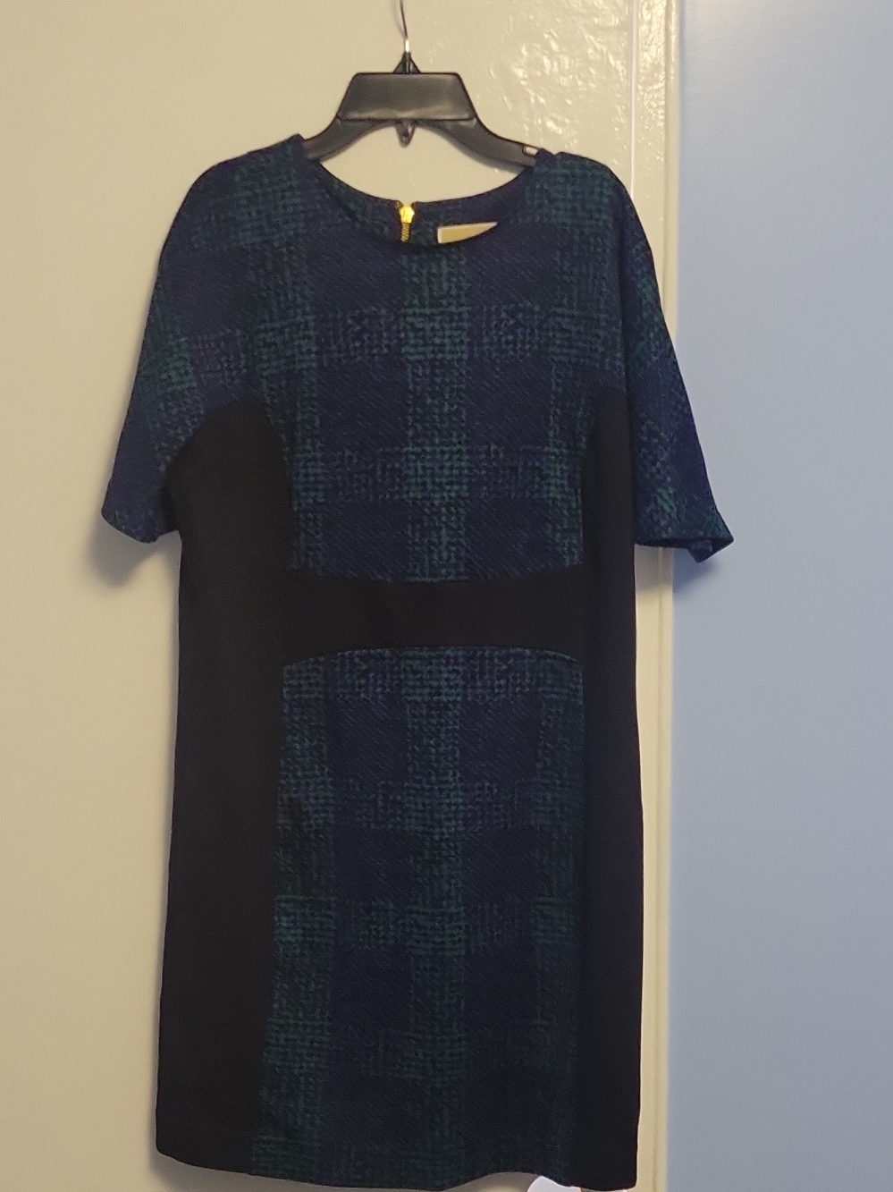 Michael Kors Navy and Teal Plaid Shift Midi Dress